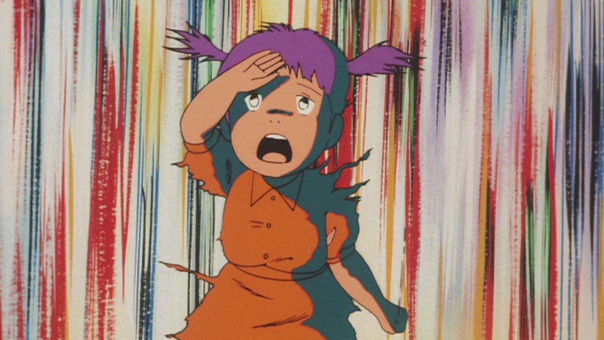 An anime little girl looks on in terror as the bomb drops in Barefoot Gen.